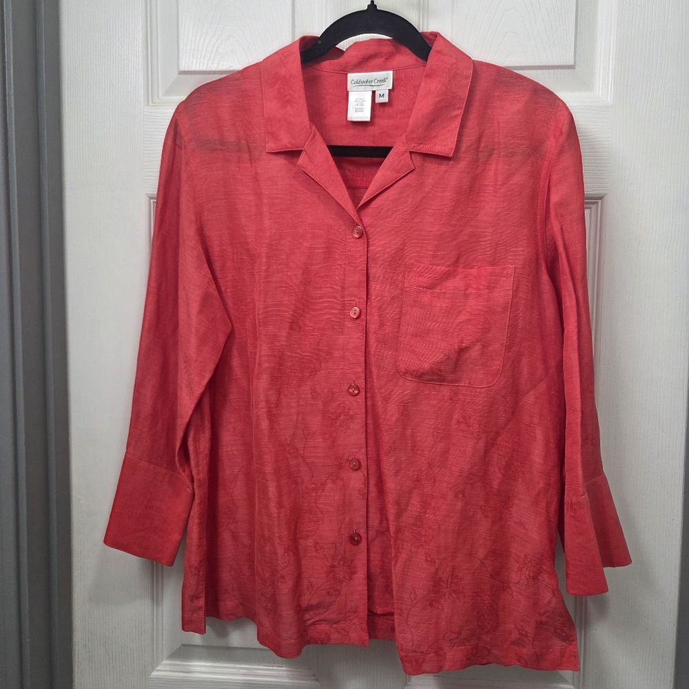 Coldwater Creek Women's Coral Red Button-Up Top Silk Linen Resortwear Office Med